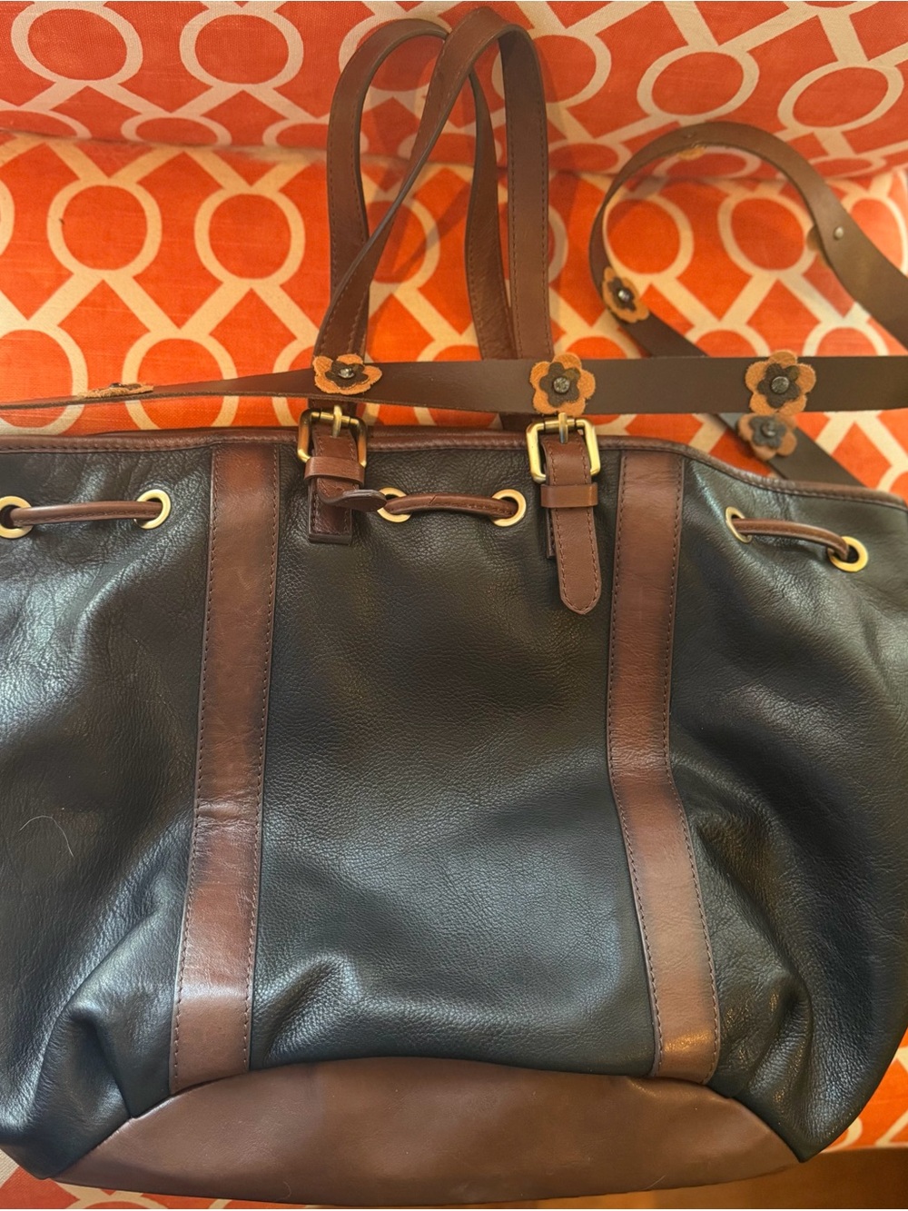 PIKOLINOS Black and Brown Leather Satchel with Floral Strap